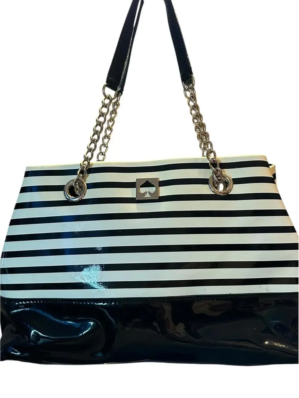 Kate Spade Black and White Striped Patent Leather Tote Bag